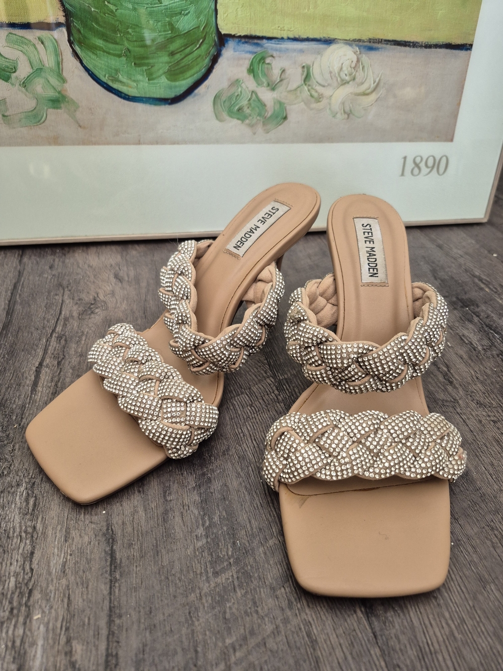 Steve Madden Beige Braided Crystal Strap Slide Heels - Picture 2 of 12